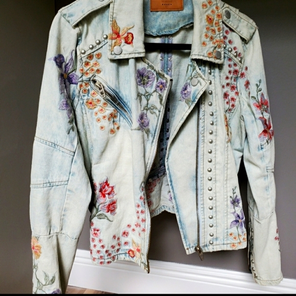 **HOST PICK**BlankNYC Blue Studded Bleached Denim Floral Embroidered Moto Jacket - Picture 2 of 3